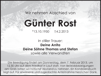 Traueranzeige von Günter Rost von Pegnitz-Zeitung